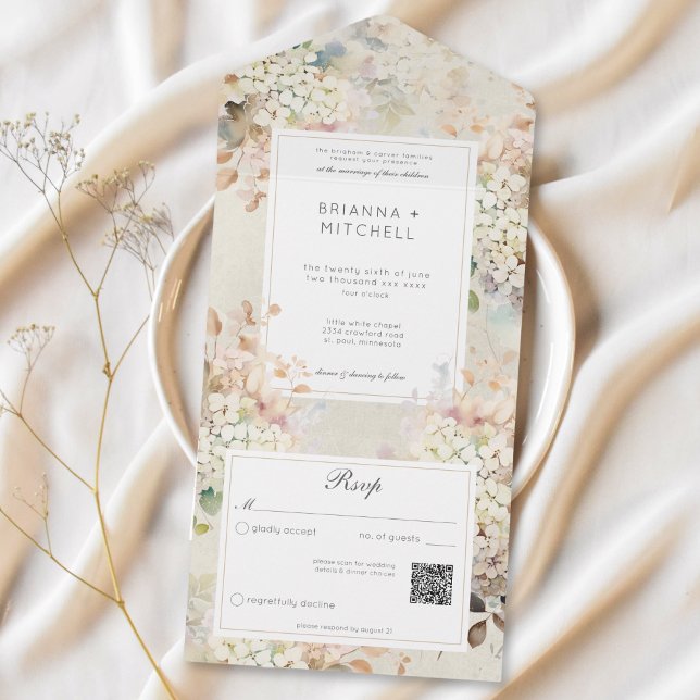 Romantisk Neutralt Vintage Hydrangeas QR-kod (Romantic Neutral Vintage Hydrangeas QR Code All In One Invitation)