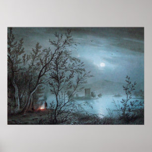 ROMANTISK NOCTURN LANDSKAP I BLÅTT POSTER