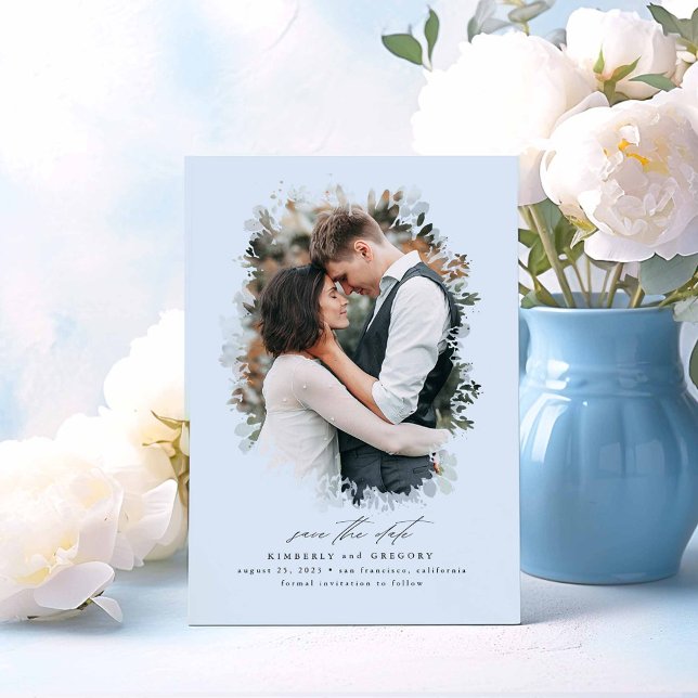 Romantisk och Dreamy Spara datumfoto Datumet (Dusty Blue Save The Date Photo Card)