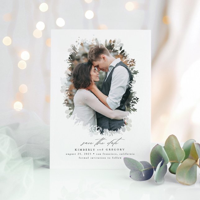 Romantisk och Dreamy Spara datumfoto Spara Datumet (Greenery Photo Save The Date Card)