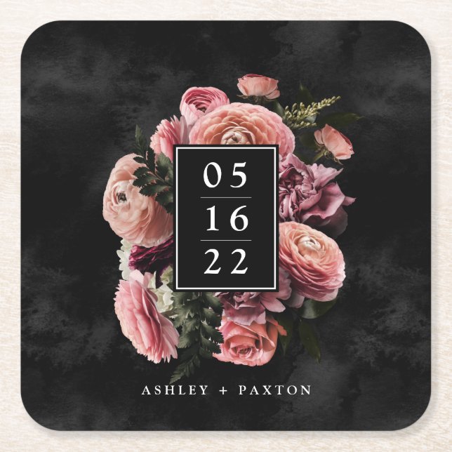 Romantisk och Moody Rosa Bouquet på svart Underlägg Papper Kvadrat (Framsidan)