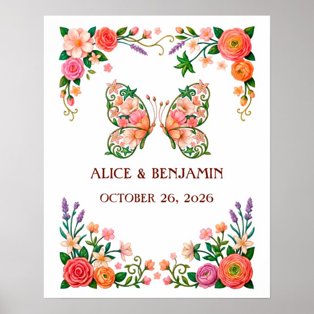 Romantisk oljemålning Blommor Fjäril Poster (Framsidan)