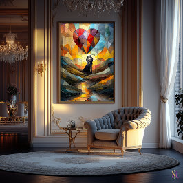 Romantisk omfamning under ett glasmålingshjärta poster