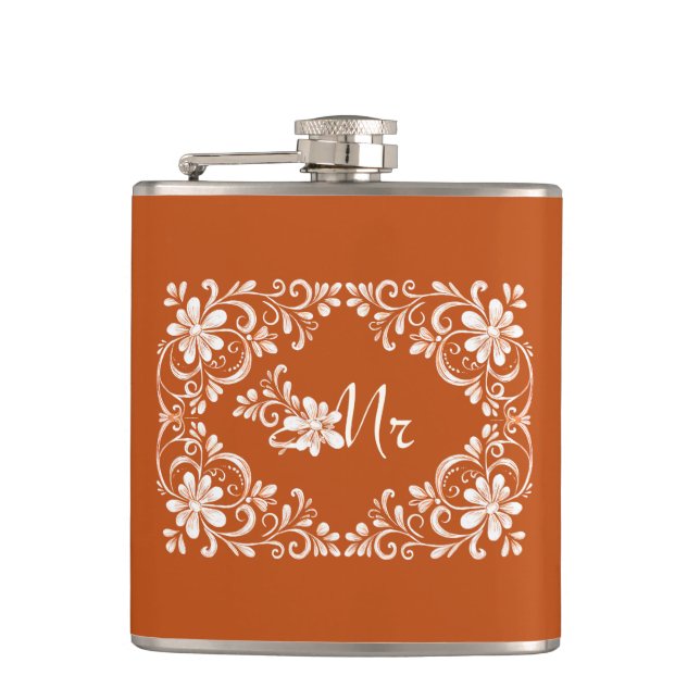 Romantisk Orange Shabby Chic Herr Bröllopsflaska Fickplunta (Framsidan)