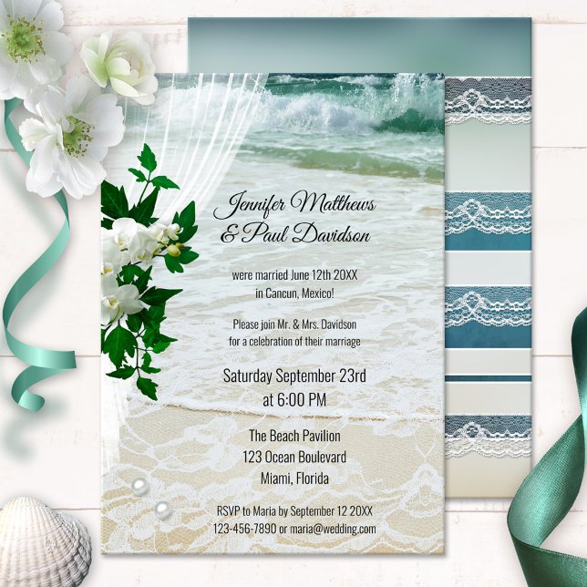 Romantisk Orchid Blommigt Beach Wedding Reception Inbjudningar (After wedding invitation showing orchid flowers on a veil on a beach with lace and pearls)