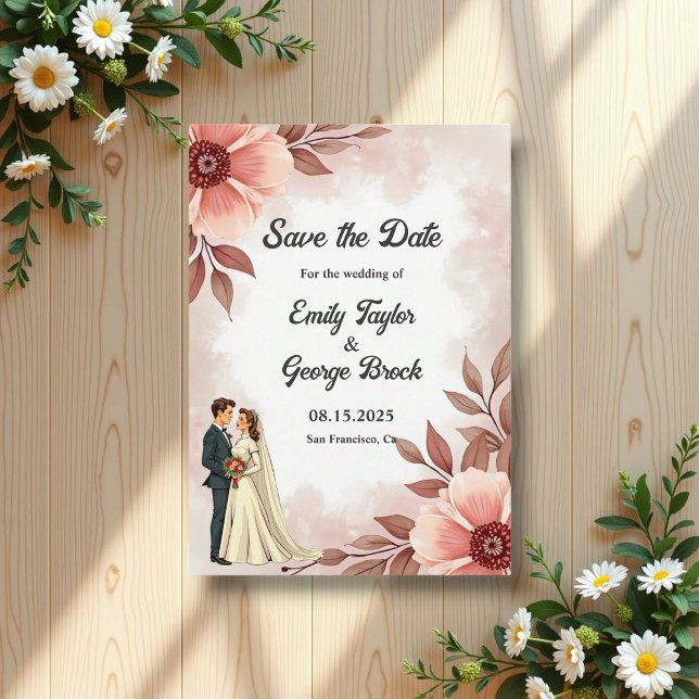 Romantisk par Dusty Watercolor Blommigt Bröllop Spara Datumet (Skapare uppladdad)