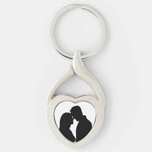 ROMANTISK PAR SILHUETT TWISTED HEART SILVERFÄRGAD NYCKELRING (Framsidan)
