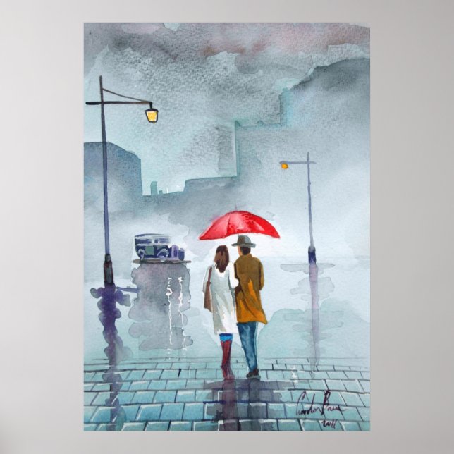 Romantisk paraplymålning för Rainy Day Poster (Framsidan)