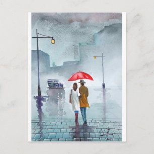 Romantisk paraplymålning för Rainy Day Vykort