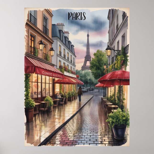 Romantisk Parisgata Eiffeltornet Akvarell Poster (Framsidan)