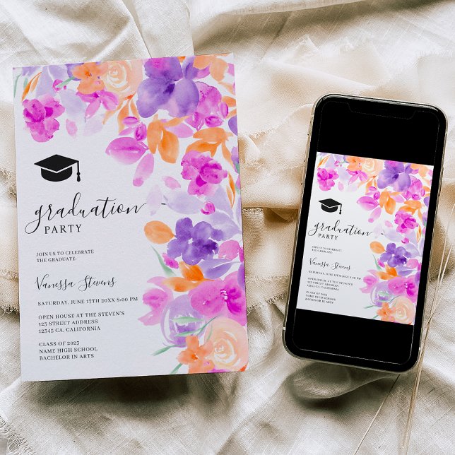 Romantisk pastel lila orange blommigt studenten inbjudningar (Skapare uppladdad)