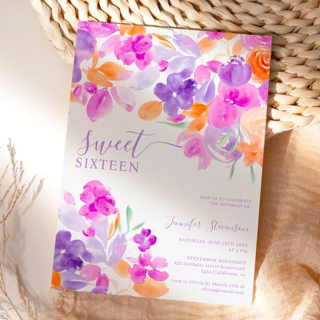 Romantisk pastel lila orange blommigt Sweet 16 Inbjudningar (Skapare uppladdad)