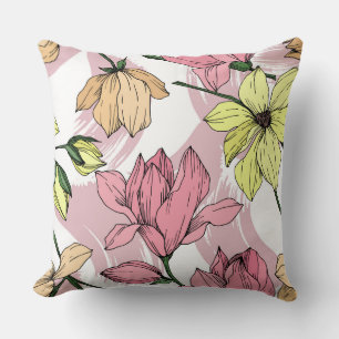 Romantisk pastel Magnolia rosa, målning och gult Kudde