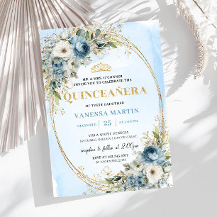 Romantisk Pastell Blå Guld Eukalyptus Quinceañera Inbjudningar