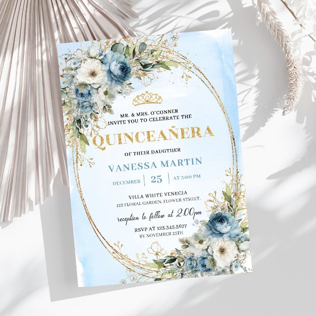 Romantisk Pastell Blå Guld Eukalyptus Quinceañera Inbjudningar (Romantic Pastel Blue Gold Eucalyptus Quinceañera)