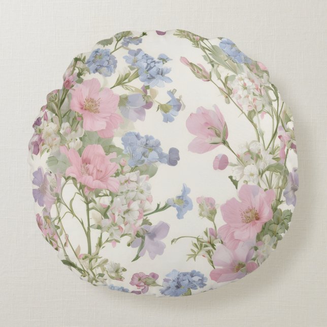 Romantisk Pastell Blommig Kudd Vintage Trädgård  Rund Kudde (Framsidan)