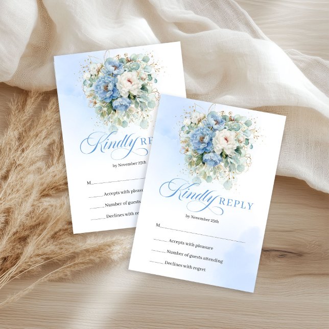 Romantisk Pastellblå Blommig Eukalyptus RSVP OSA Kort (Romantic Pastel Blue Floral Eucalyptus RSVP)