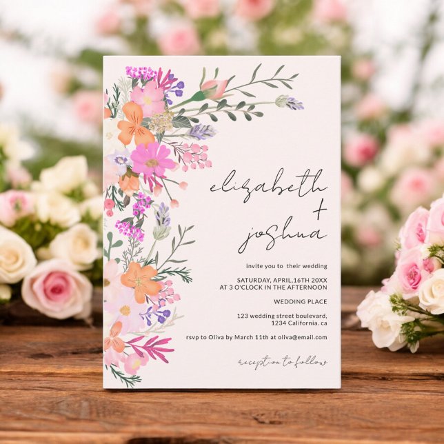 Romantisk pastellblomma, vild vår bröllop inbjudningar (Romantic pastel wild flowers spring wedding invitation)