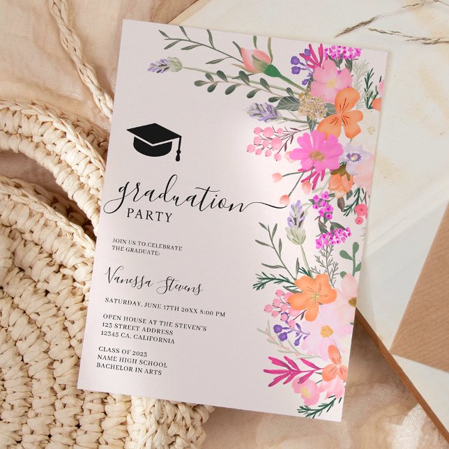 Romantisk pastellblomma vild vår studenten inbjudningar (Gold glitter floral watercolor photo graduation)