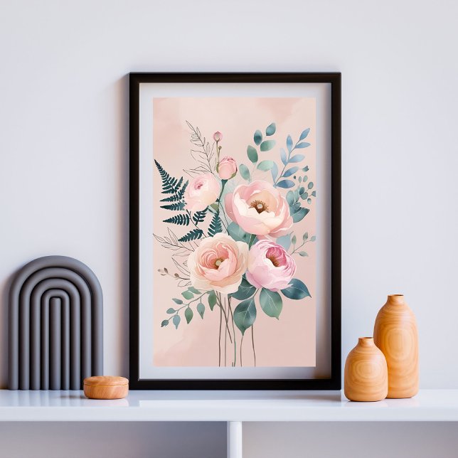 Romantisk Peony & Fern Watercolor Wall Art I Poster (Skapare uppladdad)