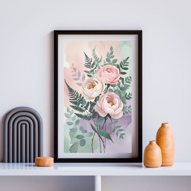 Romantisk Peony & Fern Watercolor Wall Art Poster (Skapare uppladdad)