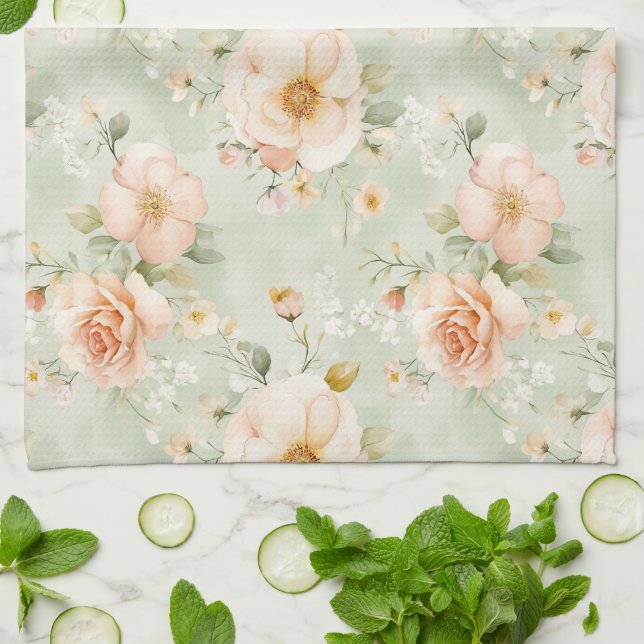 Romantisk Persika Mint Snygga Rosor Blommig Kökshandduk (Vikta)
