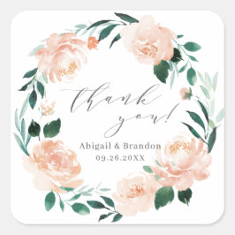Romantisk persiko floral tack bröllop fyrkantigt klistermärke