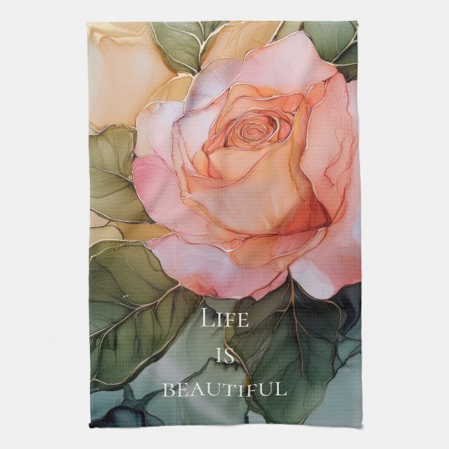 Romantisk persikorosa blomsterbröllopsfest kökshandduk (Vertikal)