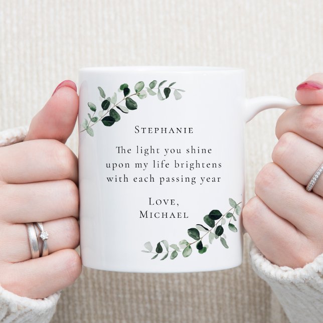 Romantisk Personlig för eukalyptus-citat Kaffemugg (The Light You Shine Romantic Quote Emerald and Sage Green Eucalyptus Personalized Coffee Mug)