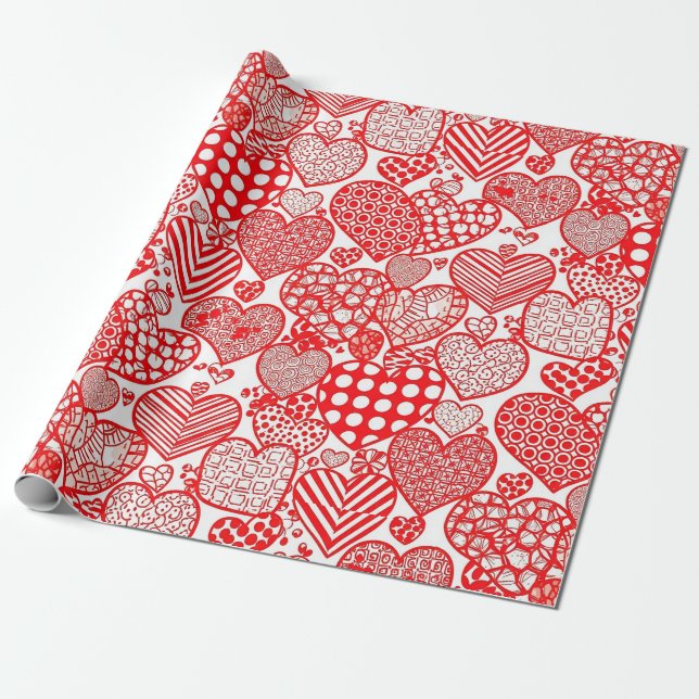 Romantisk Polka Hjärt Doodle Röd Vit Presentpapper (Utrullad)