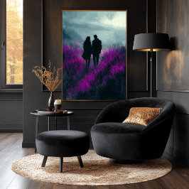 Romantisk promenad genom lila fält i kolteckning poster