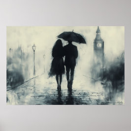 Romantisk promenad i regnet under Big Ben Poster