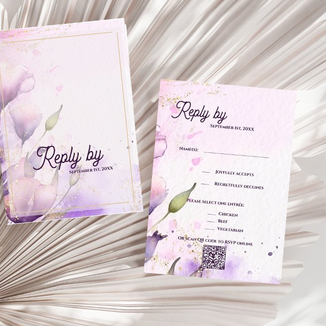 Romantisk QR-kod Lavendel Guld Blommig Bröllop OSA Kort (Romantic QR Code Lavender Gold Floral Wedding RSVP Card)