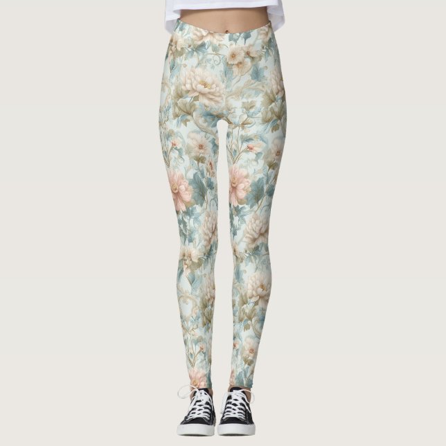 Romantisk Regency Pastell Blommig Tryck Leggings (Framsida)