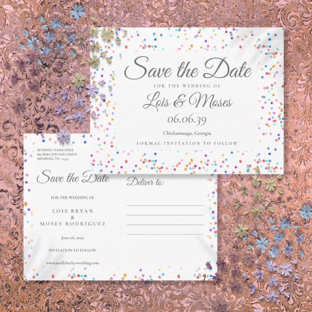 Romantisk regnbågekonfetti Spara datumet Meddelande Vykort (Romantic Rainbow Confetti Save the Date Announcement Postcard)