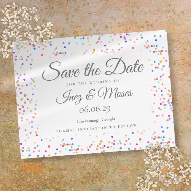 Romantisk regnbågskonfetti Spara datumet Vykort (Romantic Rainbow Confetti Save the Date Postcard)