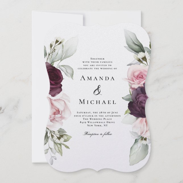 Romantisk Ro Watercolor Botanical Bröllop Inbjudningar (Framsida)