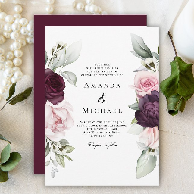 Romantisk Ro Watercolor Botanical Bröllop Inbjudningar (Skapare uppladdad)