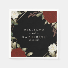 Romantisk röd djup ro Blommigt Vintersvart bröllop Pappersservett