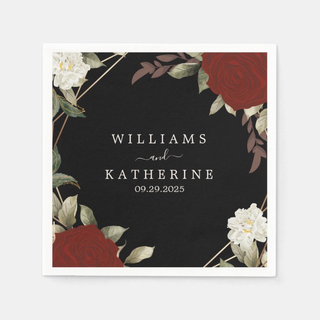 Romantisk röd djup ro Blommigt Vintersvart bröllop Pappersservett (Framsidan)