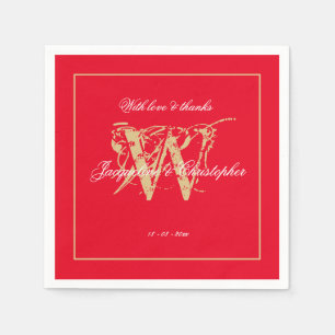 Romantisk röd och guld bröllop Elegant monogram pa Pappersservett