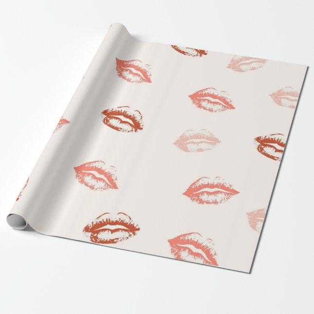 Romantisk röd och rosa läppstiftspuss presentpapper (Utrullad)