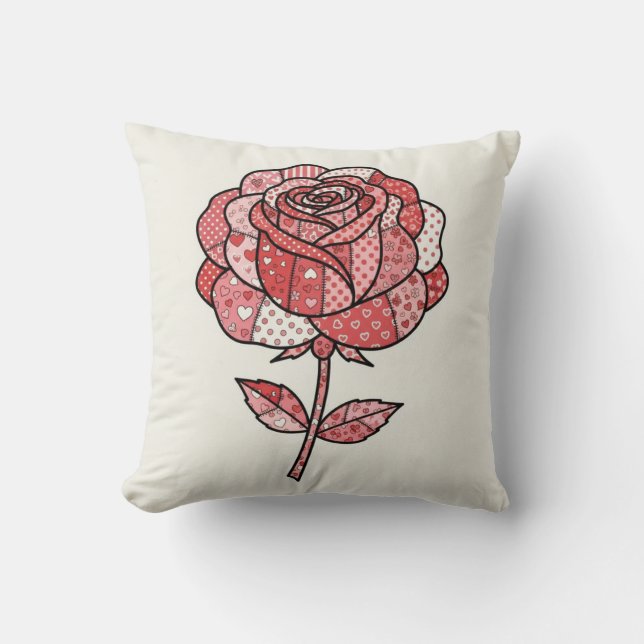 Romantisk röd och rosa lapptäcksros illustration kudde (Framsida)