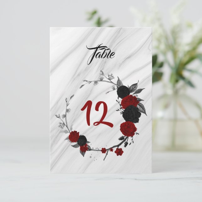 Romantisk röd och svart blomsterkrans bordskort (Stående Fram)