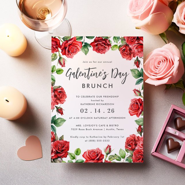 Romantisk Röd ros Blommigt Galentine's Day Brunch Inbjudningar (Skapare uppladdad)