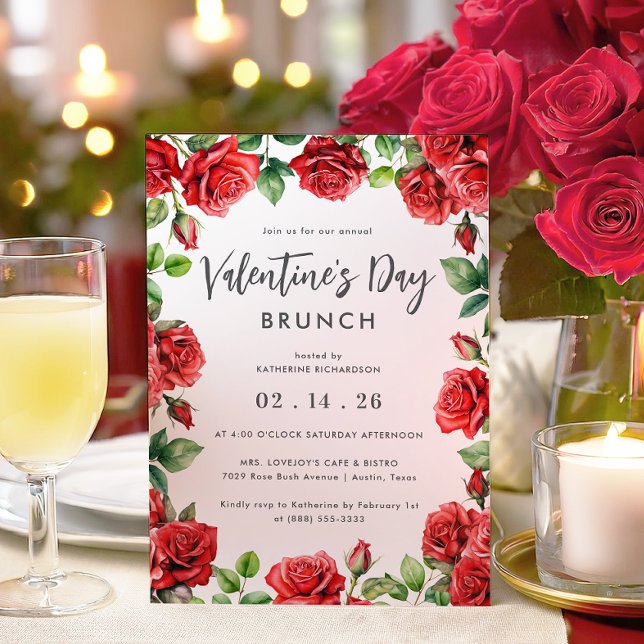 Romantisk Röd ros Blommigt Valentindagen Brunch Inbjudningar (Skapare uppladdad)