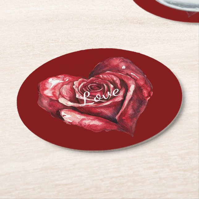 Romantisk Röd ros Flower Heart Bröllop Underlägg Papper Rund (Vinklad)