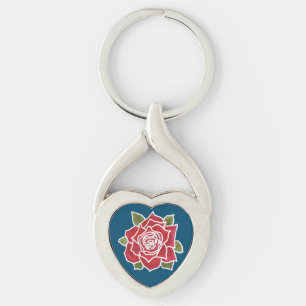 Romantisk röd ros hjärtformade Keychain Twisted Heart Silverfärgad Nyckelring