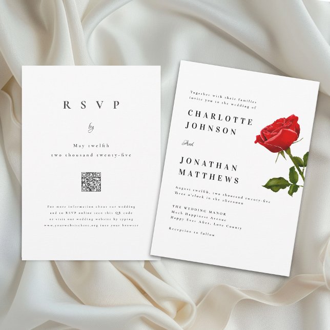 Romantisk röd ros minimal modern bröllops QR-kod Inbjudningar (Romantic elegant red rose minimalist wedding QR code invitation simple Watercolor floral)