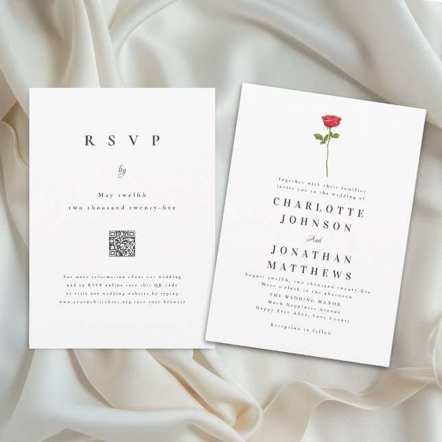 Romantisk röd ros minimal modern bröllops QR-kod Inbjudningar (Romantic red rose minimal modern wedding invitation Simple watercolor long stem flower art)